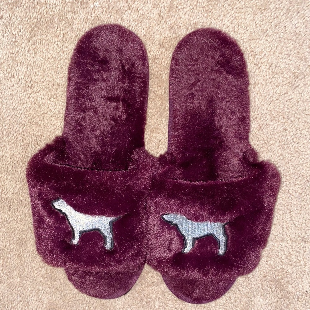 PINK Victoria's Secret Burgundy Plush Dog Slippers